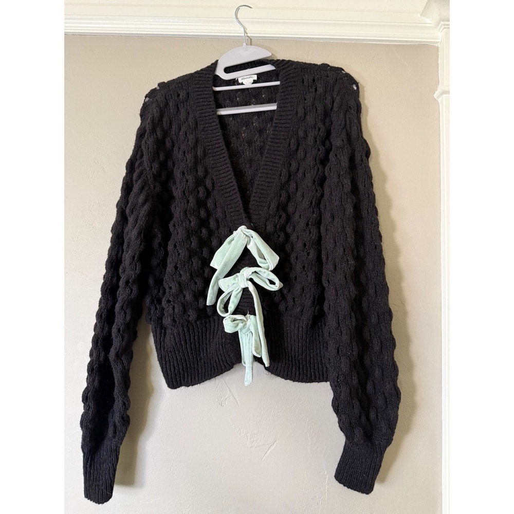 Kimchi Blue Black Popcorn Knit Cardigan Mint Velvet Bow Tie Front Sweater Small